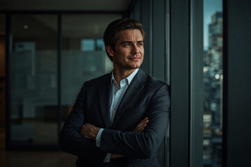 Fototapeta premium Pensive Executive Contemplates City View From Office Window, Ambitious Businessman Gazes at Metropolis Skyline