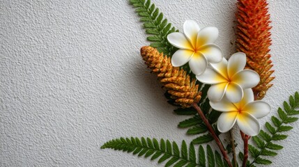Obraz premium White and Orange Flowers with Fern on Textured Background