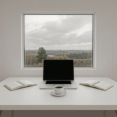 Home Office Concept for Students. Minimalist Table with Rainy Season Window View