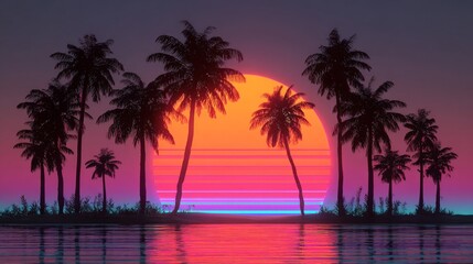 Obraz premium Pixel Art Retro Sunset Over Tropical Island