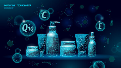 Cosmetic product set polygonal illustration. Skincare beauty products vitamins lowpoly design. Health wellness dermatology beauty salon. Dark blue background blue polygon vector
