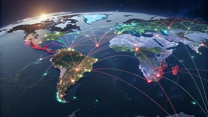 Global network connection over the world. Internet Concept of global business.World map with glowing lines on dark background. Network and communication concept. 3D Rendering	