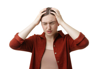 Woman suffering from headache on white background