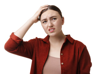 Woman suffering from headache on white background
