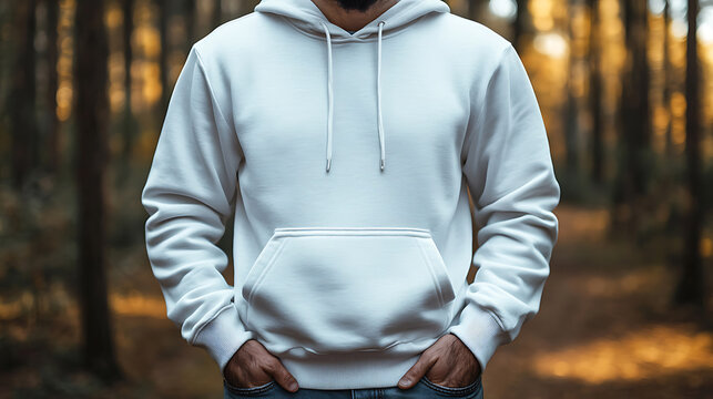 Man in Blank White Hoodie in Autumn Forest
