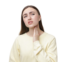 Woman suffering from sore throat on white background