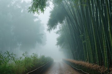 Peaceful Bamboo Grove at Sunrise with Morning Mist