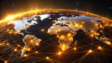 Global network connection over the world. Internet Concept of global business.World map with glowing lines on dark background. Network and communication concept. 3D Rendering	