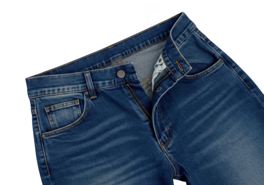 Close up view of blue denim jeans with a zipper and button closure isolated on transparent background