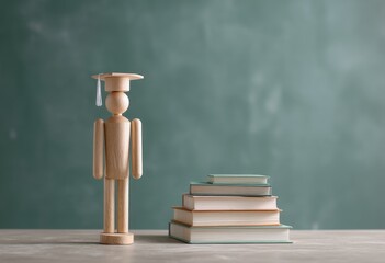 A wooden table positioned in front of a chalkboard has a stack of books on it, and on top of the books is a wooden figurine wearing a graduation cap