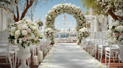 Fototapeta premium A wedding aisle decorated with white flowers and chairs leading to a floral archway outdoors