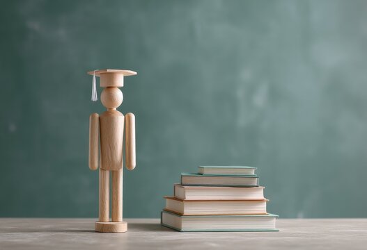 A wooden table positioned in front of a chalkboard has a stack of books on it, and on top of the books is a wooden figurine wearing a graduation cap