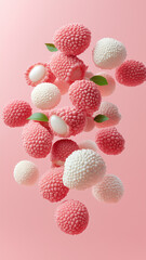 A delicate and vibrant composition featuring fresh lychee fruits, some peeled to reveal their translucent white flesh and dark seeds, set against a soft pink and white gradient background