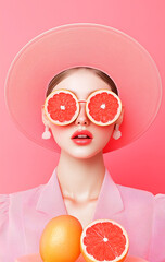 A vibrant and playful artistic composition featuring a woman's profile (from the nose down) with bright red lips, holding a piece of fruit.