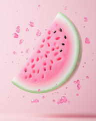 A vibrant and artistic close-up composition featuring a sliced pink melon, showcasing its juicy flesh and seeds. The image emphasizes freshness, healthy eating, and a modern aesthetic
