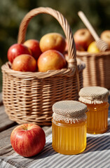 A stunning and inviting poster design showcasing a perfect red apple and golden honey, artfully arranged. The image emphasizes natural sweetness, healthy ingredients