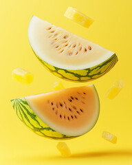 A close-up, inviting image of a vibrant yellow melon, possibly halved to show its juicy interior and seeds. The image emphasizes the fruit's freshness, sweetness, and tropical appeal