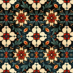 Fototapeta premium A seamless pattern of stylized floral motifs with a folk art aesthetic, featuring white and orange flowers, green leaves, and intricate patterns on a dark background.
