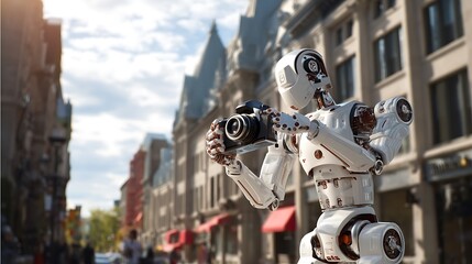  a robot photographer uses a camera to take pictures on a city street