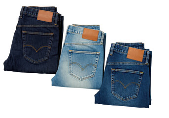 Three pairs of denim jeans in varying shades of blue with leather patches isolated on transparent background