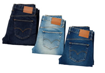 Three pairs of denim jeans in varying shades of blue with leather patches isolated on transparent background