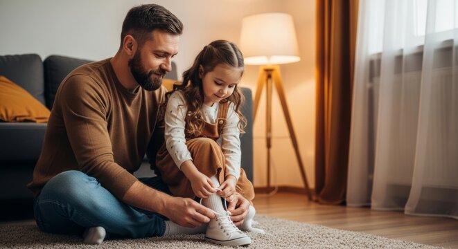 Caring father helping little girl learn to tie her shoelaces while sitting on living room floor. Perfect for parenting, learning milestones and family concepts.