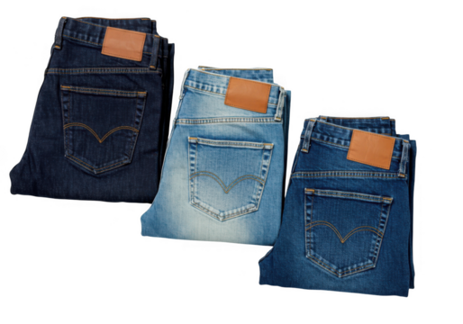 Three pairs of denim jeans in varying shades of blue with leather patches isolated on transparent background