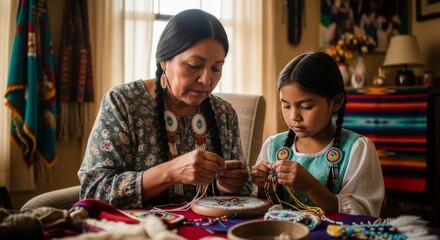 Indigenous grandmother in traditional clothing teaching granddaughter Native American beadwork and crafts. Perfect for cultural heritage and generational learning concepts.