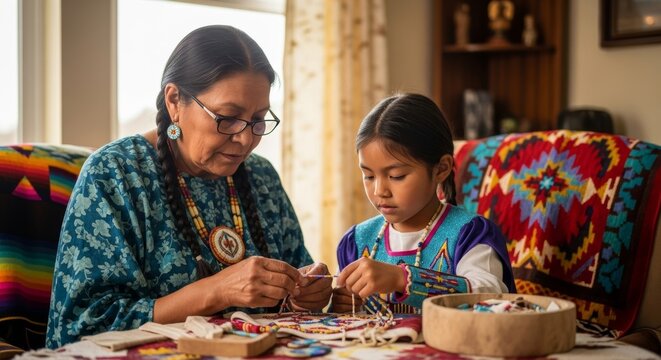 Native American Grandmother Teaching Beadwork to Granddaughter