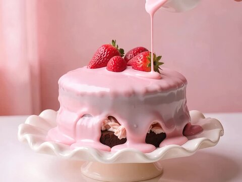 strawberry cake being drizzled with icing
