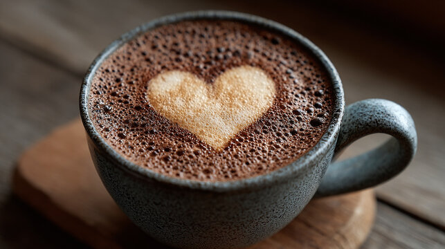 A close up of a cup of hot chocolate with a heart design on top sitting on a wooden surface