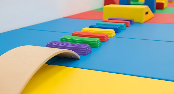 Colorful stepping stones and a curved ramp arranged on a bright, multi-colored floor, used for play.