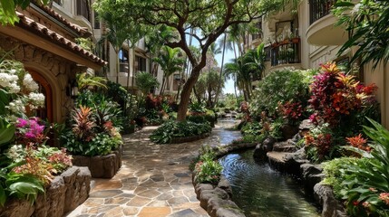 Lush Tropical Courtyard Garden Path with Stone Walkway and Water Feature