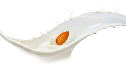 Almond in Milk Splash Isolated on Transparent Background.