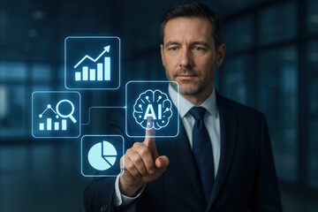 Businessman interacting with AI interface (Photo)
