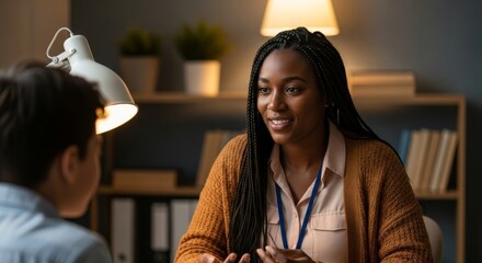 Candid half-body shot of a 35-year-old Black social worker with long braids, counseling a young client in a cozy office with warm lamplight and blurred bookshelves.