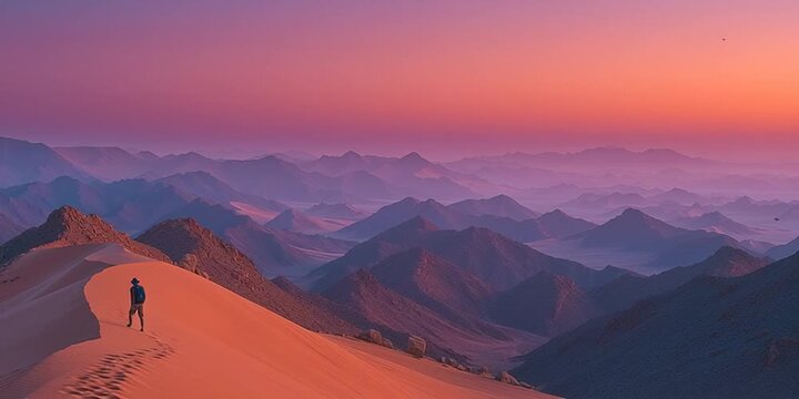 Lone Traveler Walking on Desert Sand Dune at Sunset with Mountain Panorama