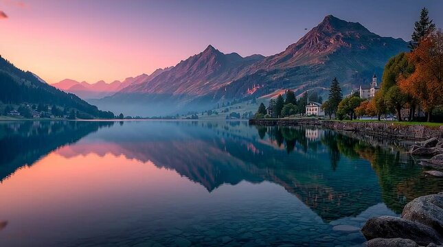 Alpine Lake at Sunrise with Reflections of Mountains and Village in Calm Water
