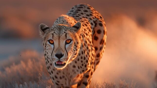 Cheetah Sprinting Through Savannah with Dust Clouds in Golden Light