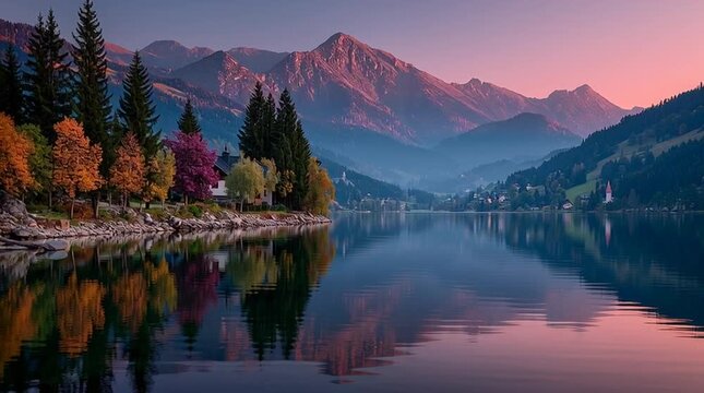Alpine Lake with Autumn Trees and Mountain Reflections at Sunrise