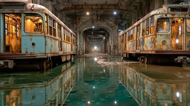 Abandoned Rusted Streetcars in Flooded Underground Tunnel with Reflections