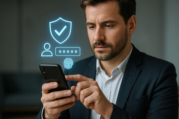 Man using phone with security illustration - Photo