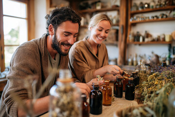 Couple crafting herbal tinctures in a cozy workshop during daytime
