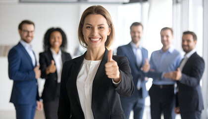 Happy business team thumbs up.