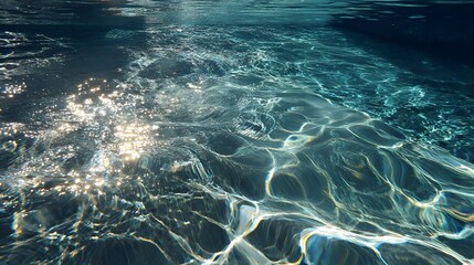 underwater pool surface with sunlight rippling through the surface