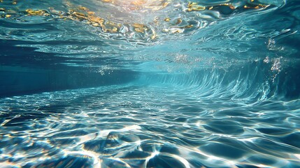 underwater pool surface with sunlight rippling through the surface