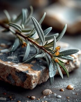 Closeup of Fresh Rosemary with Yellow Flowers on Textured Stone Surface