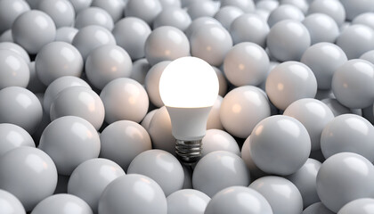 Lit LED bulb among spheres.