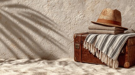 Beige Suitcase with Woven Hat and Blanket on Sandy Beach
