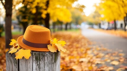 Orange hat on wooden post amidst autumn leaves on tree-lined pathway